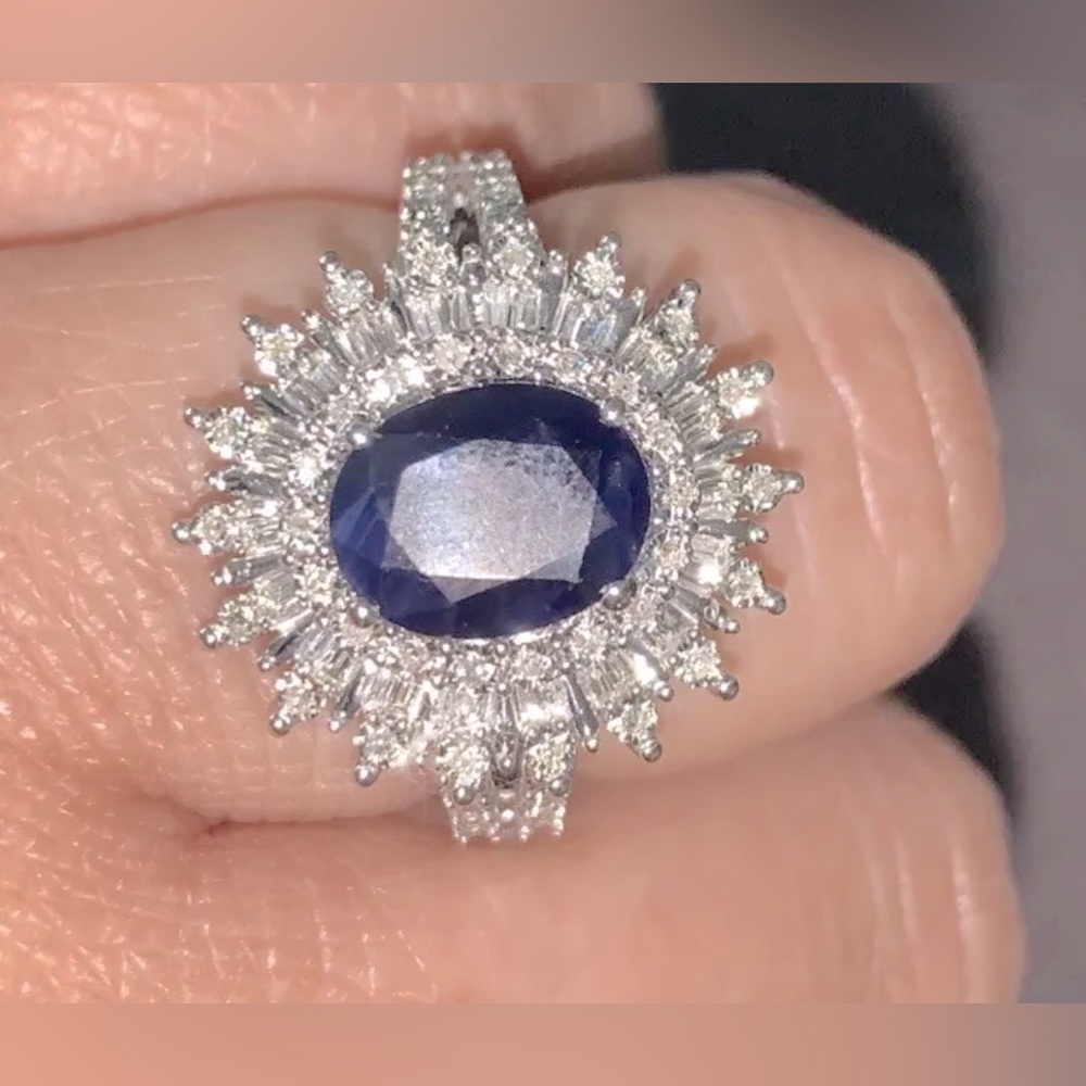 EFFY Statement Ring 14k White Gold, huge Sapphire Nestled in Tons of Diamonds LN - Picture 5 of 14
